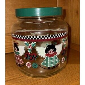 Vintage AGC Christmas Angel Glass Canister Jar Green Lid A-65 Kitchen Candy Dish